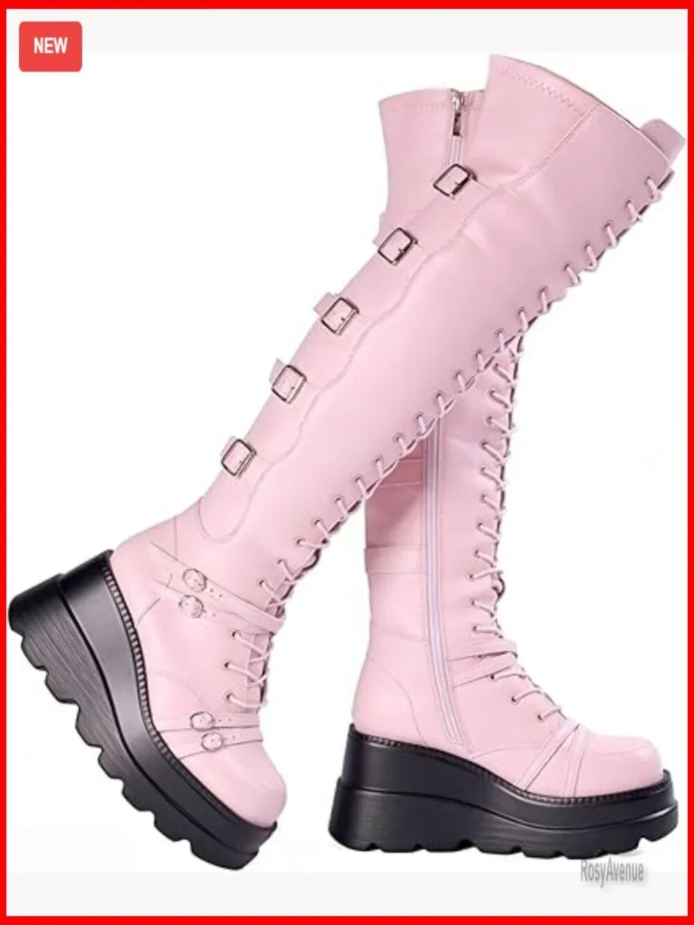 Over Knee Platform Boots Chunky Heel Side Zip Lace Up Motorcycle Boots